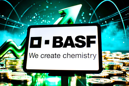 In this photo illustration, the BASF logo is displayed on a tablet screen.
