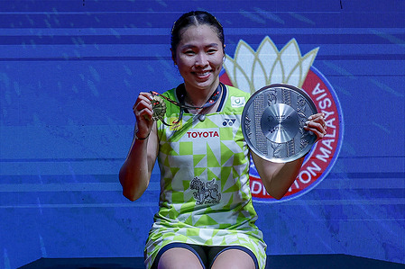 Ratchanok Intanon of Thailand seen posing with her medals on the podium during the medal ceremony after the Women's Singles Final match during Perodua Malaysia Masters 2026 at Unifi Arena. Ratchanok Intanon won with scores 21-17, 21-15.