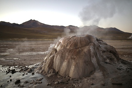 A geyser of El Tatio is seen at dawn in the Chilean altiplano, 4,280 meters above sea level. With nearly 80 active geysers, El Tatio is the largest geyser site in the southern hemisphere.