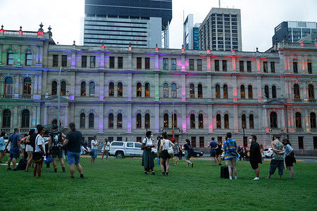 Protesters gather in Queen's Gardens opposite the Treasury Casino in Brisbane.
Activists from the Refugee Action Collective gathered in Brisbane's ANZAC Square to protest the permanent detainment of refugees and asylum seekers in Australian-run and funded facilities on the mainland and on Papua New Guinea's Manus Island. Speeches led into a march through the streets of the Central Business District and eventually to Queen's Gardens near the river.
