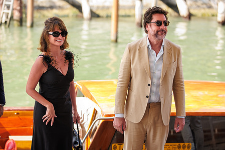 Spanish actress Penélope Cruz and Spanish actor Javier Bardem arrive at the Darsena Excelsior ahead of the presentation of "Bunker" during the 83rd Venice International Film Festival.