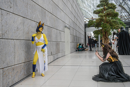 Visitor in cosplay costume poses for photos during the Leipzig Book Fair The Leipzig Book Fair takes place from 27 to 30 April 2023 at the Leipzig exhibition center Neue Messe. The annual international book fair was resuming after a 3 year break due to the pandemic. About 2000 exhibitors from 40 countries present their new books.