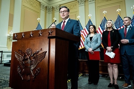 House Speaker Mike Johnson (R-LA) speaking at a press conference at the U.S. Capitol.
