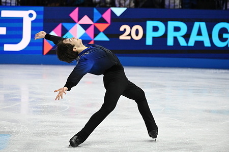 Yuma Kagiyama of Japan performs during the Men Free skating program at the ISU Figure Skating World Championships 2026 at the O2 Arena. ISU Figure Skating World Championships 2026 takes place from 24th to 29th of March in Prague, Czech Republic.