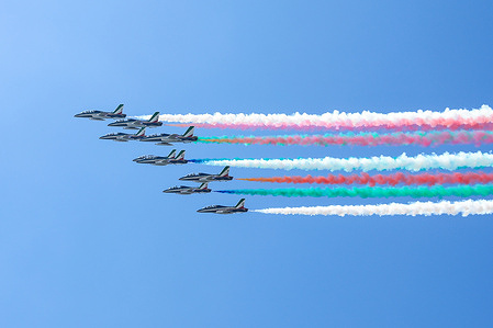 Italian Air Force's aerobatic demonstration team Frecce Tricolori performs during the MotoGP GP7 Brembo Grand Prix of Italy - Grand Prix Race at Mugello Circuit in Scarperia e San Piero.