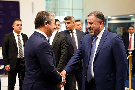 Masrour Barzani, Prime Minister of the Kurdistan Region of Iraq (L), receives Sheikh Khamis al-Khanjar, Leader of the al-Siyada Alliance (R), as he arrives to attend the Middle East Peace and Security Forum (MEPS). The Middle East Peace and Security Forum (MEPS), organized by the American University of Kurdistan (AUK), brought together political leaders and officials from Iraq, the Kurdistan Region, and neighboring countries to discuss regional security, diplomacy, and cooperation. The forum aims to strengthen dialogue and collaboration on peace and stability in the Middle East.