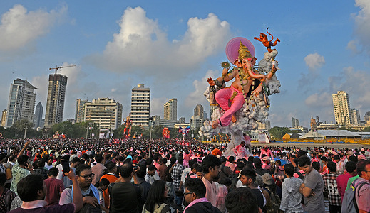 Idols of elephant-headed Hindu god Ganesha are carried to Girgaon chowpatty beach for immersion in Arabian sea on Anant Chaturdashi. Anant Chaturdashi marks the end of a ten day festival of Ganesh Chaturthi (celebrated as birthday of Ganapati) where devotees immerse the idol of elephant headed Hindu god Ganesha in a free flowing water body amidst chanting of pudchya varshi lavkar ya (come back early next year).