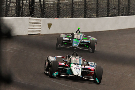 Takuma Sato (75) drives into turn one on day two of practice for the Indy 500 at the Indianapolis Motor Speedway. The practice for the race is part of the schedule leading into the Indianapolis 500.