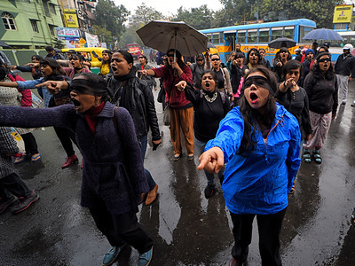 KOLKATA, INDIA, 9 JANUARY, 2020:
Women with blind folds protest at Jadavpur Police Station against police brutality on students at different University, continuous Rape incidents, discrimination and women violence in recent times with no action from Police administration.