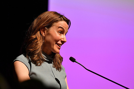 Elizabeth Wolff speaks onstage during the intro the "Give Me The Ball!" Premiere during the 2026 Sundance Film Festival at Eccles Center Theater.
