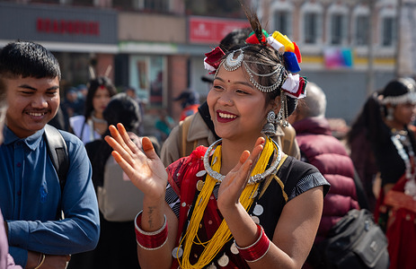 Members from tharu community dressed in traditional attire sing and dance to their ethnic music during the Maghe Sankranti Festival. Maghi Sankranti is celebrated by Nepalese on the first day of the 10th month in the Hindu Lunar Calendar. It marks the end of the winter solstice and also marks the start of the New Year for the Tharu community.
