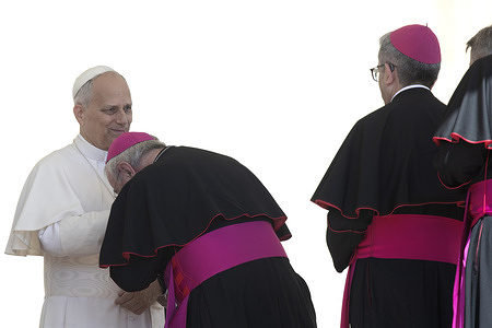 Pope Leo XIV is greeted by bishops during his weekly general audience in St. Peter's Square at the Vatican.