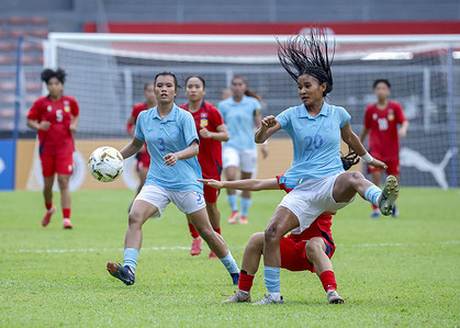 Sreilas Hear of Cambodia (R) and Anna Keo Onsy of Laos seen in action during the AFF Women's Cup 2026 Semi-Final match between Laos and Cambodia at Kuala Lumpur Football Stadium. Final score Laos 1 : 0 Cambodia.
