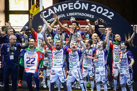 Cascavel (BRA) team, Gold Medalists celebrate the championship during the award ceremony of Libertadores Futsal 2022 - Final Match at Befol Arena, in Buenos Aires. Cascavel beat Penarol 3-1 in the final match.