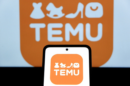In this photo illustration, the Temu logo is seen displayed on a smartphone screen and in the background.