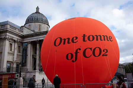A large carbon bubble is installed at Trafalgar Square by Westminster City Council and PwC (PricewaterhouseCoopers) ahead of the COP26. The installation underscores the need to boost awareness of climate change and the need to reduce carbon emissions.