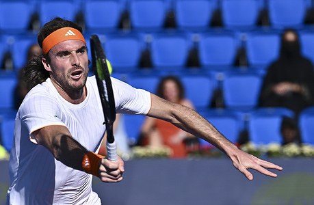 Stefanos Tsitsipas of Greece is seen in action against Moez Echargui of Tunisia (not in view) during the Round of 32 at the ATP men’s Qatar ExxonMobil Open 2026 tennis tournament at the Khalifa International Tennis Complex. Stefanos Tsitsipas won against Moez Echargui 6-4, 6-4.