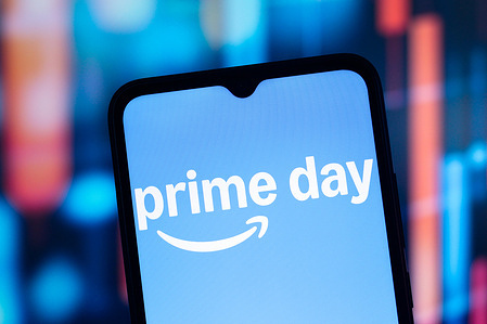 In this photo illustration, the Amazon Prime Day logo is seen displayed on a smartphone screen.