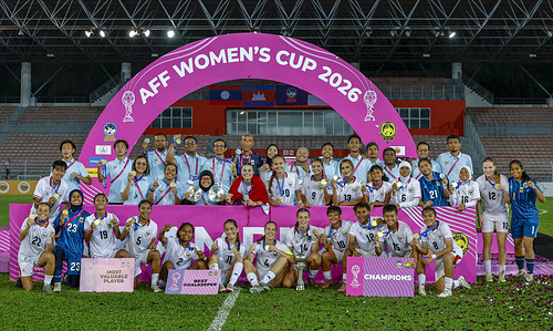 Indonesia players seen posing for photo on the podium after winning Laos during the AFF Women's Cup 2026 Final match between Indonesia and Laos at Kuala Lumpur Football Stadium. Final score: Indonesia 5 : 0 Laos.
