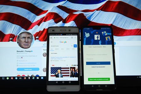 Donald trump twitter account, google search engine and facebook app are seen in this photo illustration. United States of America President, Donald Trump has accused Google, Twitter and Facebook of manipulating the search results for the phrase "Trump news".