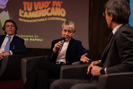 Michela Carrara, Rai radio live director seen during a press conference to present ìTu vuoí faí líamericano Intramontabile Carosoneî broadcast by Rai Radio Live.