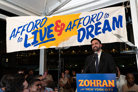 Zohran Mamdani speaks during the ‘Zohran For NYC Election Night Party’ in New York City. Democratic nominee Zohran Mamdani and his supporters gathered for a ‘Zohran For NYC Election Night Party’ in New York City. Mamdani would lead the first round of the Democratic Primary, with Andrew Cuomo conceding the nomination.