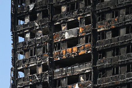 The charred remains of the tower block during the aftermath.
A fire caused by an electrical fault in a refrigerator, broke out in the 24 storey Grenfell Tower block of flats in North Kensington, West London where 72 people died, more than 70 others were injured and 223 people escaped.