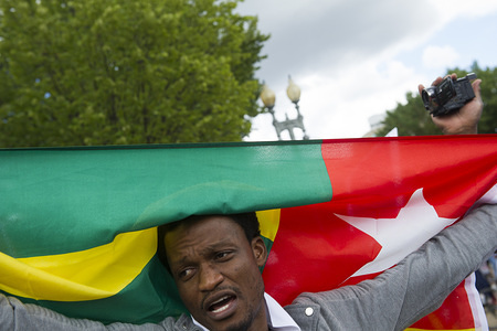 A protester displays a Togo national flag during the protest. Protesters gather in front of the White House to protest against Togo's dictator Faure Gnassingbe. They demand fairness and openness in the upcoming election.