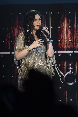 The Italian singer Laura Pausini performs during her concert at the Movistar Arena in Madrid.