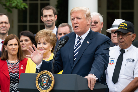 US president Donald Trump at the signing ceremony for S. 2372, the VA Mission Act of 2018, at the White House in Washington.