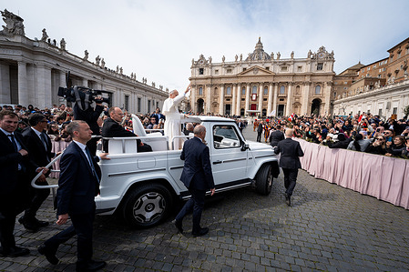 Pope Leo XIV leaves after presiding over the Palm Sunday Mass at St. Peter's Square.