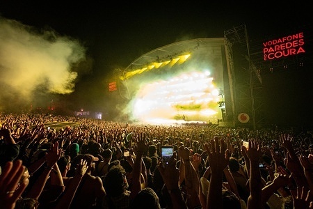 Underworld, the British electronic music duo, perform during Vodafone Paredes de Coura at the main stage.