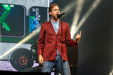 Ricky Wilson seen performing live with band Kaiser Chiefs on stage. Luton celebrated 150 years since gaining borough status with Luton Rising Presents Party at The Park with Headliner band Kaiser Chiefs playing live.