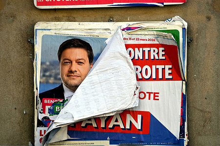 Posters of the outgoing mayor Benoit Payan, candidate of the left-wing coalition Printemps Marseillais in the Marseille municipal elections. The second round of the 2026 municipal elections will take place on March 22, 2026.