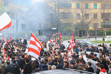 LR Vicenza fans celebrate outside the stadium after the Italian Serie C soccer match between L.R. Vicenza and Union Brescia at Romeo Menti Stadium. Final score L.R. Vicenza 1:1 Union Brescia