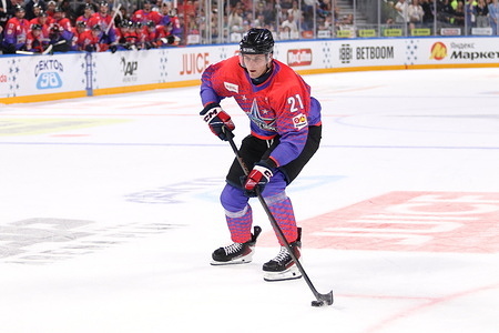 Aliaksei Protas (21) of Team Sergachev seen in action during the Match of the Year 2026: Team Sergachev vs. Team Panarin at Saint Petersburg's SKA Arena. Team Sergavech defeated Team Panarin 10-9 at the annual Match of the Year charity hockey game.
Match of the year is an annual charity game event, uniting elite players from both National Hockey League (NHL) and Kontinental Hockey League (KHL) to raise vital funds and awareness for children and adults living with cerebral palsy.