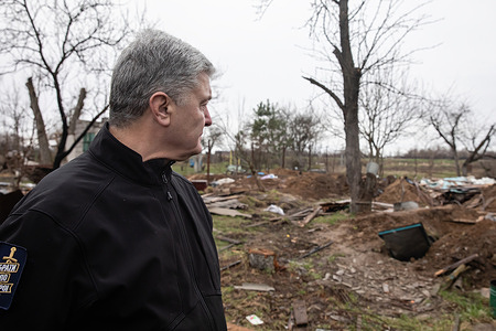 Fifth President of Ukraine Petro Poroshenko, inspects the destruction in the village of Andriivka. The government of Ukraine will direct a billion hryvnias from the reserve fund to restore the regions liberated from Russian occupiers. Prime Minister Denys Shmyhal announced this on Sunday, April 10. Russia invaded Ukraine on 24 February 2022, triggering the largest military attack in Europe since World War II.