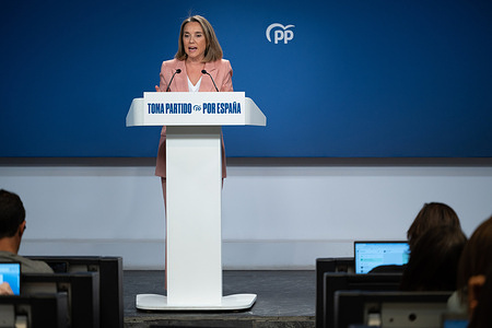 The deputy secretary of Institutional Regeneration of the Popular Party Cuca Gamarra speaks at a press conference after the PP Steering Committee . Gamarra has announced that the Popular Group of the Senate will request the appearance of the two managers and the two secretaries of the PSOE pointed out in the UCO report on Abalos.