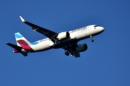 An Eurowings plane arrives at Marseille Provence Airport, France.