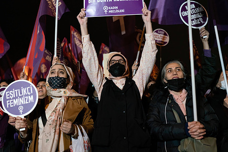 Women holding purple placards expressing their opinion during the demonstration against violence on women in the Kadikoy district.Turkey withdrew from the Istanbul convention last March and this year more than 300 femicides have been committed throughout the country.