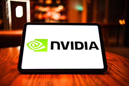 In this photo illustration, the logo of NVIDIA is displayed on the screen of a smart tablet.