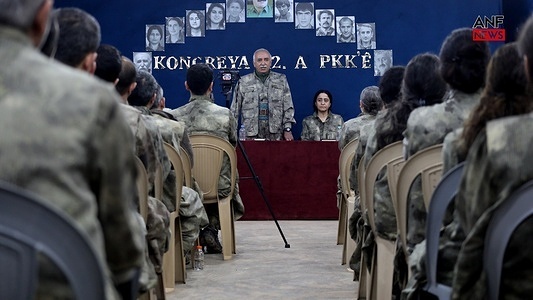 PKK Central Committee Member Murat Karayilan, is seen speaking at the congress. Photos from the congress of the Kurdish armed organization PKK (Kurdistan Workers' Party), which gathered in the Qandil region of northern Iraq on May 5-7 at the call of PKK leader Abdullah Ocalan and decided to terminate, were shared by ANF (Firat News Agency), which is close to the organization. The decisions of the congress were also announced.