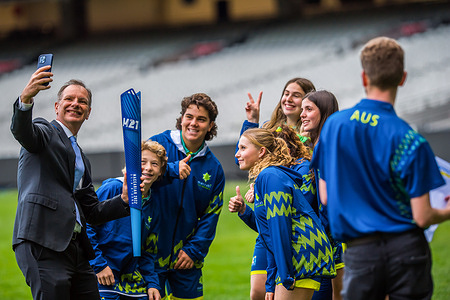 Member of Victorian State Parliament David Southwick (L) seen taking a selfie with Maccabi Australian team members at the MCG stadium with M21-Maccabi Games torch. Photos were taken at the Maccabi Games torch photo session at Melbourne Cricket Ground (MCG) in Melbourne. Maccabi Games is a Quadrennial Jewish sporting event, which is the third largest multi-sport event in the World.