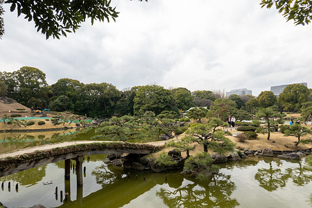 A stone bridge crosses a pond surrounded by manicured trees at Hama-rikyu Gardens. Visitors walk through the traditional Japanese garden, with modern city buildings visible beyond the greenery. Hama-rikyu Gardens is a historic landscaped garden in central Tokyo, known for its tidal ponds and traditional teahouse set against a backdrop of modern skyscrapers. Originally part of a feudal lord’s estate, it offers a quiet contrast to the surrounding city with seasonal flowers and waterfront views.
