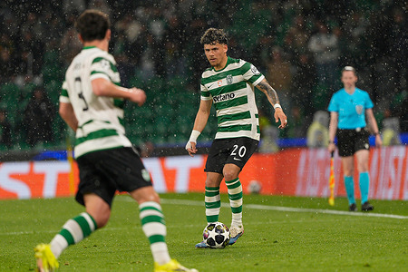 Pedro Goncalves of Sporting CP (L) and Maximiliano Araujo of Sporting CP (R) in action during UEFA Champions League 2025/26 round of 16 2nd leg between Sporting CP and FK Bodo/Glimt at Estadio Jose Alvalade.Final score: Sporting CP 5:0 FK Bodo/Glimt