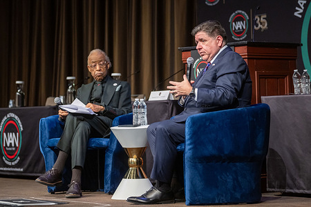 (L-R) Reverend Al Sharpton and Governor of Illinois JB Pritzker attend Day 2 of the National Action Network (NAN) 35th Anniversary Convention at Sheraton New York Times Square Hotel on April 09, 2026 in New York City.
