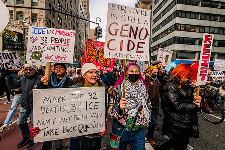 Protesters march during a "Weekend of Action" mass demonstration against I.C.E. following the fatal shooting of Renée Nicole Good. The killing of 37-year-old poet and mother Renée Nicole Good by I.C.E. agent Jonathan E. Ross in Minneapolis, MN, on January 7, 2026, has sparked a wave of protests across the United States. The protests intensified following the release of a video that appears to contradict federal claims of self-defense.