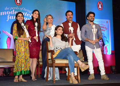 from Left to Right: Saba Khan, Kareena Kapoor Khan, Sharmila Tagore, Saif Ali Khan, Kunal Kemmu and Soha Ali came together to unveil the debut book of author / actor Soha Ali Khan titled "The Perils of Being Moderately Famous" in Mumbai at the hotel Taj Lands End.