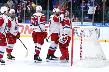 Maxim Shalunov (78), Alexander Radulov (47) and Daniil Isayev (92) of Lokomotiv Hockey Club seen in action during the Hockey match, Kontinental Hockey League 2025/2026 between SKA Saint Petersburg and Lokomotiv Yaroslavl at the Ice Sports Palace. (Final score; SKA Saint Petersburg 1:3 Lokomotiv Yaroslavl).