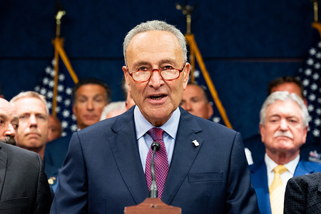 U.S. Senator Chuck Schumer (D-NY) speaking at the press conference held after the passage of H.R.1327 - Never Forget the Heroes: James Zadroga, Ray Pfeifer, and Luis Alvarez Permanent Authorization of the September 11th Victim Compensation Fund Act at the Capitol in Washington, DC on July 23, 2019.